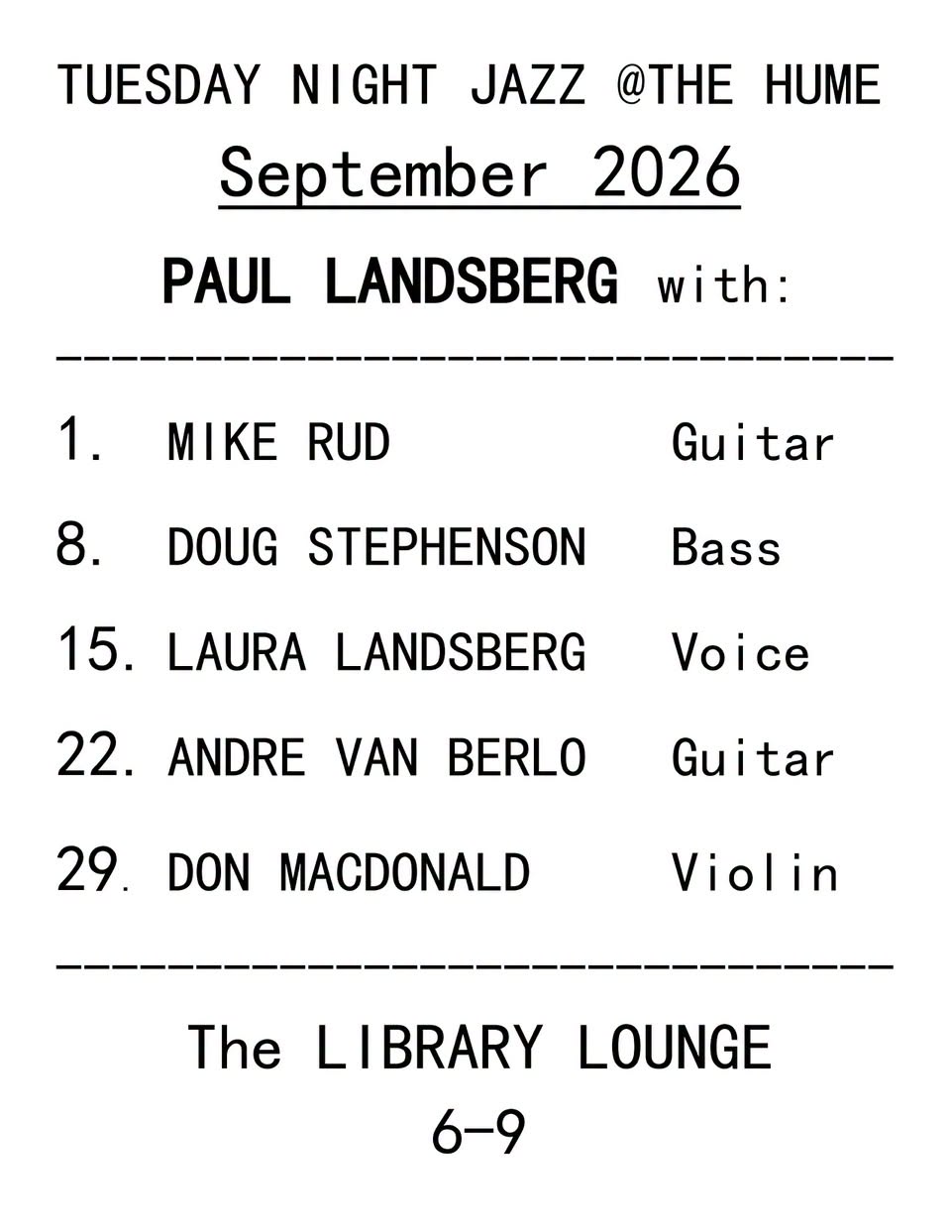 Tuesday Night Jazz at The Hume – September 2026 schedule